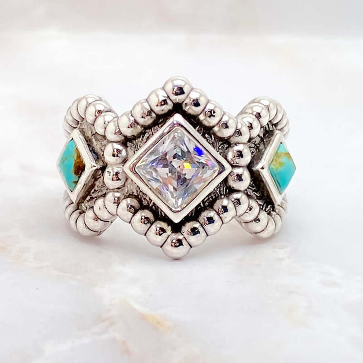 Anello Olivenorma Vintage Turchese Intarsiato con Zirconi 