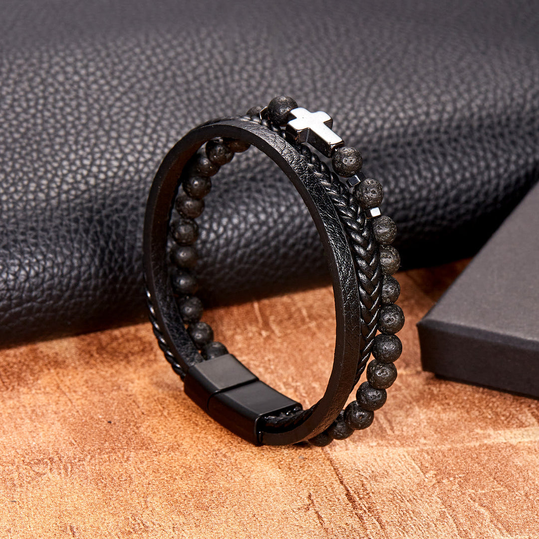 Bracciale da uomo in pelle intrecciata con perline di pietra naturale Olivenorma