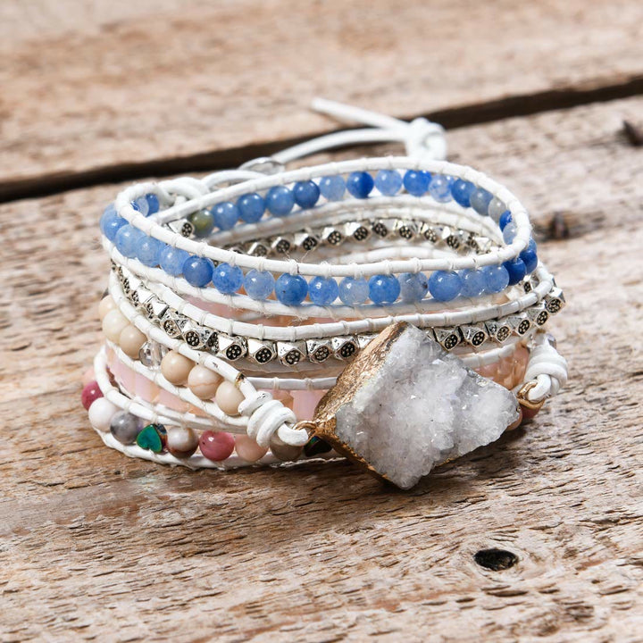 Braccialetto avvolgente fatto a mano Boho in quarzo rosa e cianite Olivenorma