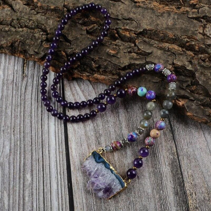 Collana di perline Mala in Labradorite imperatore, fluorite arcobaleno, ametista Olivenorma