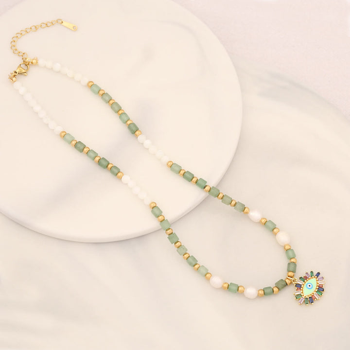 Collana con ciondolo in pietra di cristallo di perle naturali Olivenorma con occhio malvagio