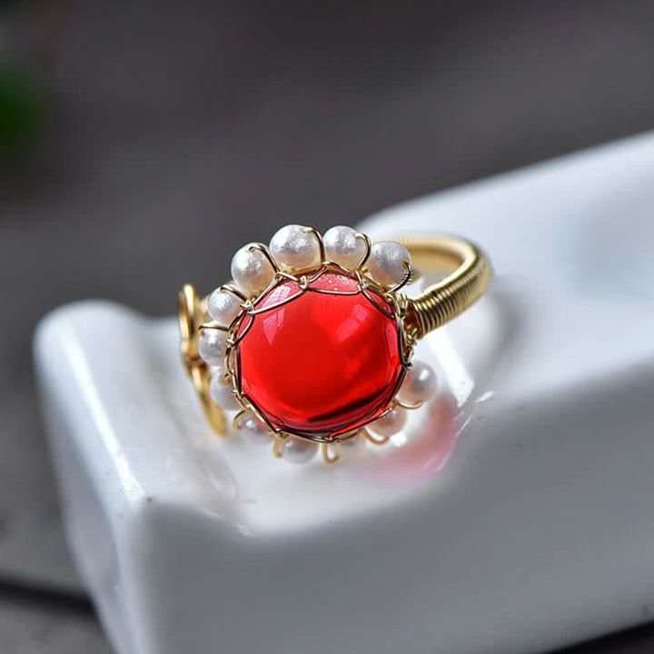 Anello di guarigione in quarzo rosso con perla