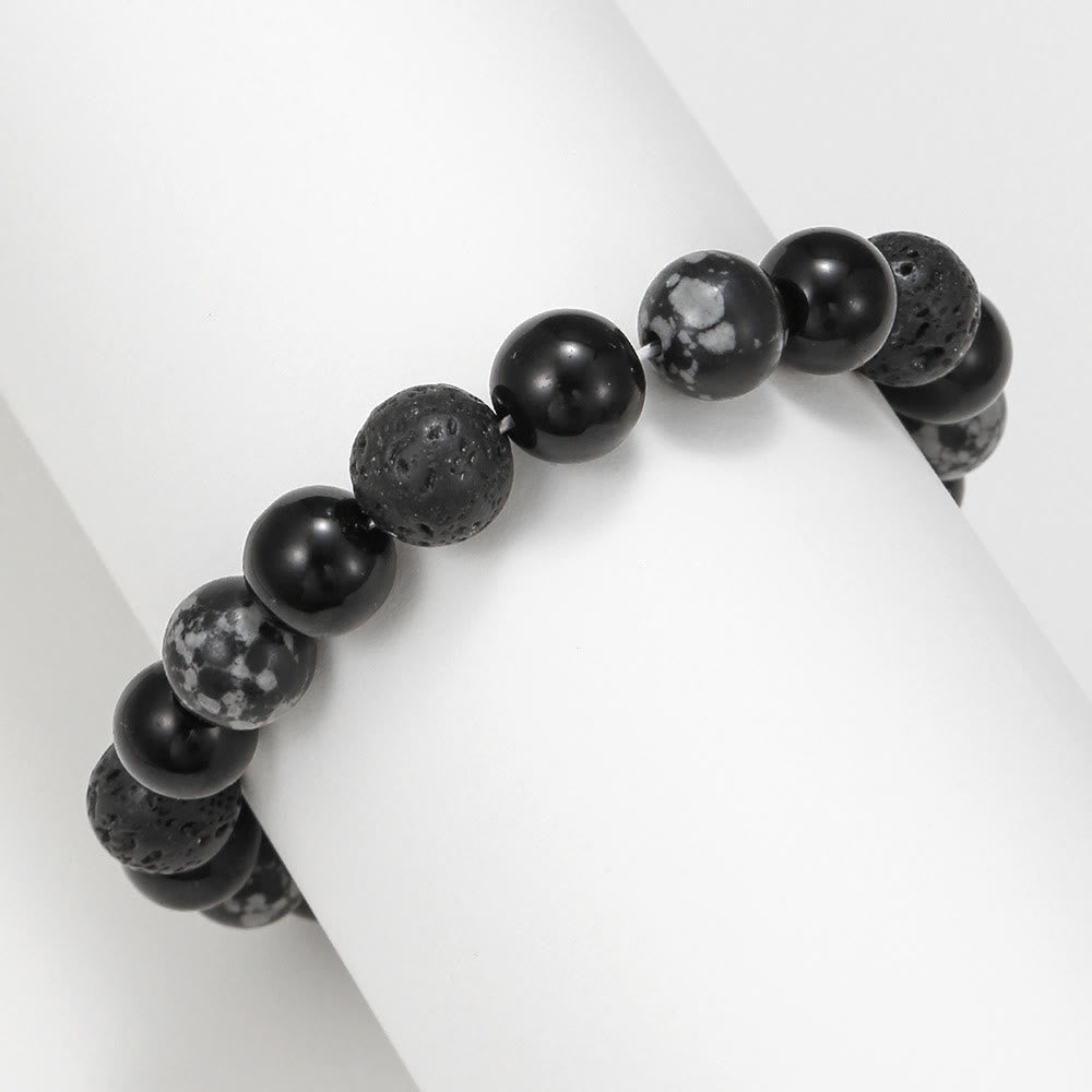 Bracciale da uomo con perline in pietra lavica, ossidiana e fiocco di neve di onice nero Olivenorma