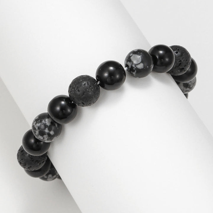 Bracciale da uomo con perline in pietra lavica, ossidiana e fiocco di neve di onice nero Olivenorma