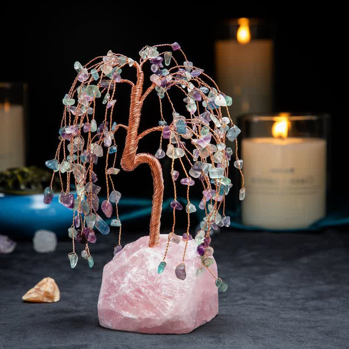 Foglie di fluorite Olivenorma Base in quarzo rosa Albero Feng Shui 