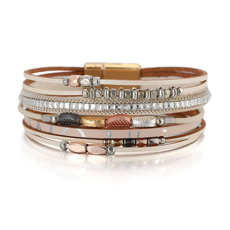 Bracciale in pelle a più livelli con foglia di zircone bianco ematite Olivenorma 