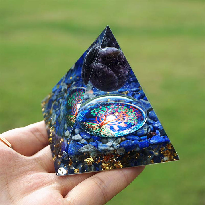 Piramide di orgone Reki Olivenorma Ametista con lapislazzuli