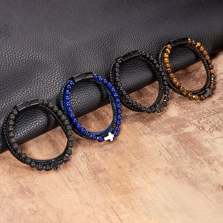 Bracciale da uomo in pelle intrecciata con perline di pietra naturale Olivenorma