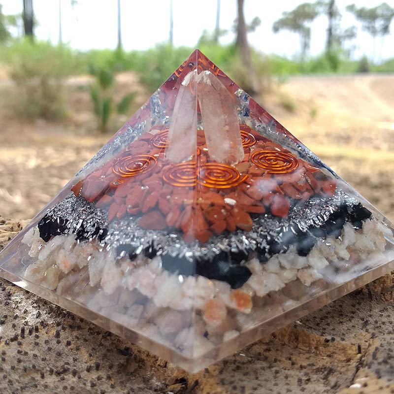 Olivenorma Pilastro di cristallo trasparente con piramide di orgone in pietra del sole
