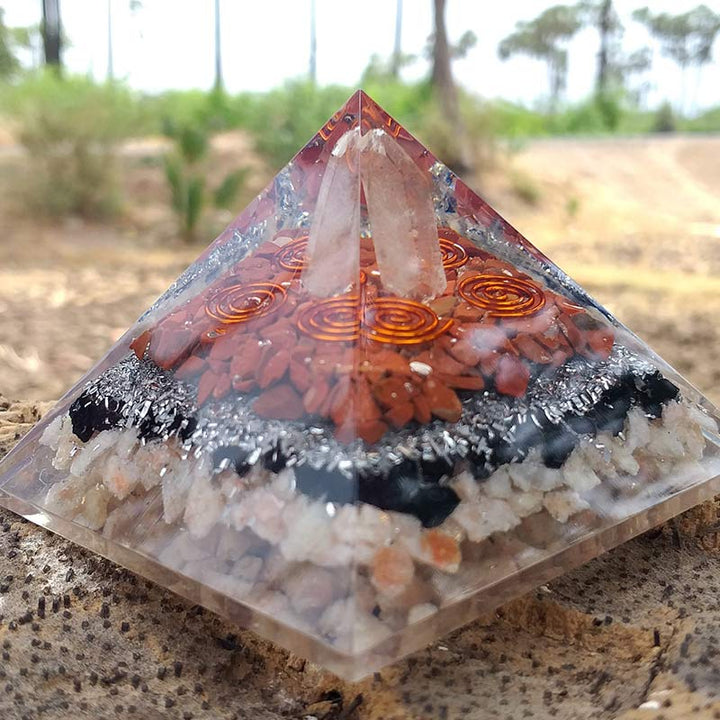 Olivenorma Pilastro di cristallo trasparente con piramide di orgone in pietra del sole