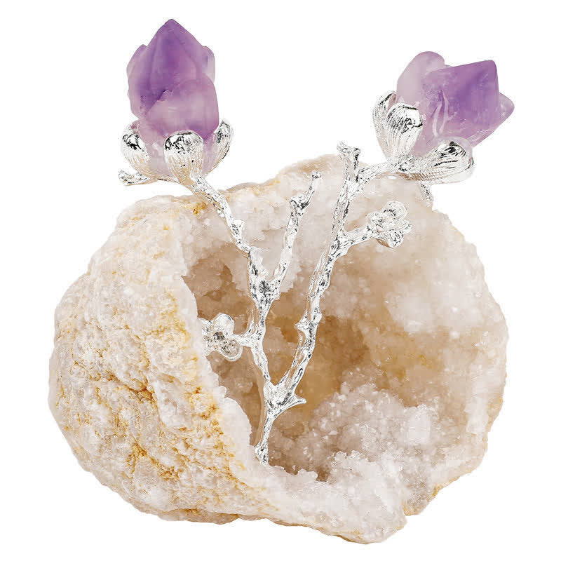 Geode naturale Olivenorma con decorazione in pietra preziosa di boccioli di rosa ametista