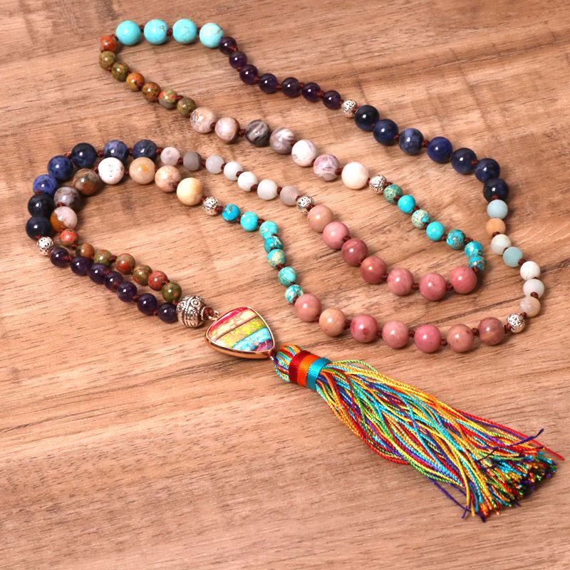 Olivenorma Splendido ciondolo Mala con triangolo chakra in pietre naturali