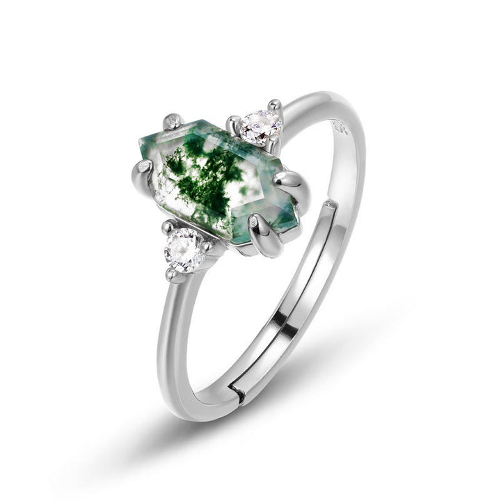Anello regolabile Olivenorma S925 con agata muschiata esagonale e zircone bianco 