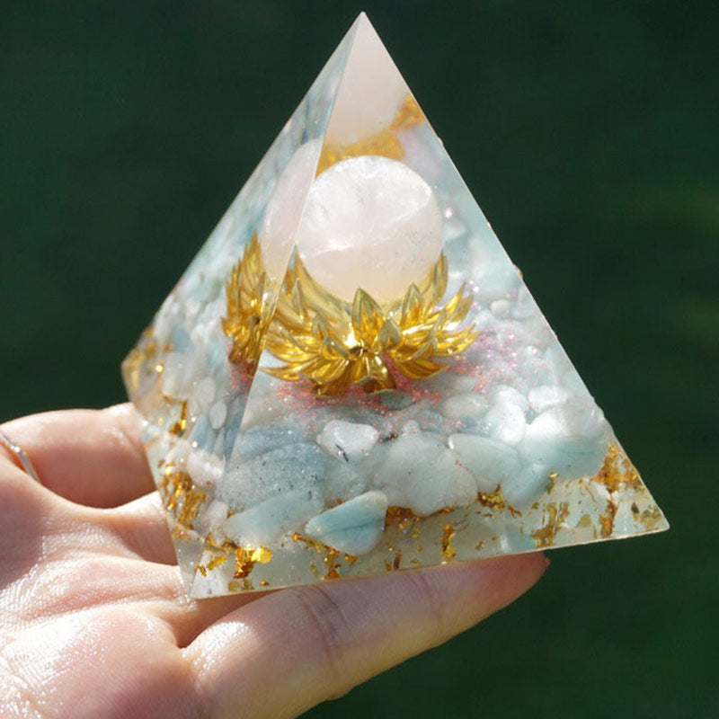 Olivenorma Acquamarina Quarzo Rosa Simbolo Loto Piramide Orgonica