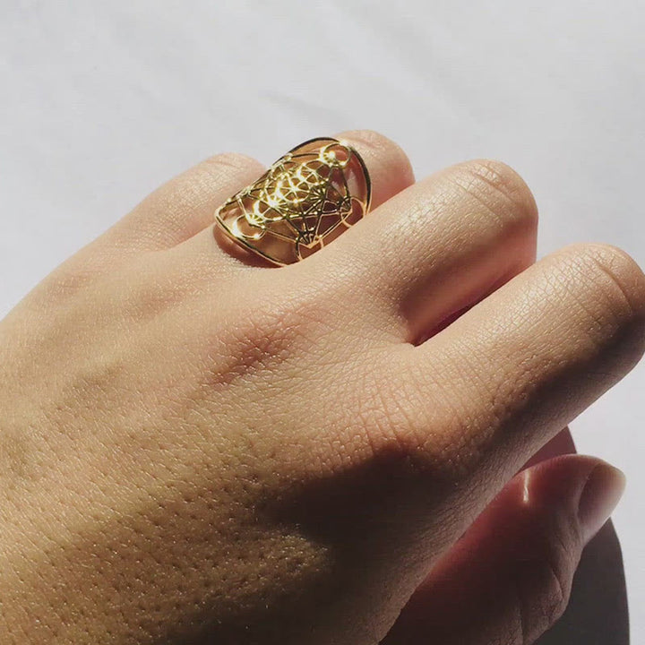 Anello regolabile in acciaio inossidabile con simbolo del cubo di Metatron di Olivenorma 