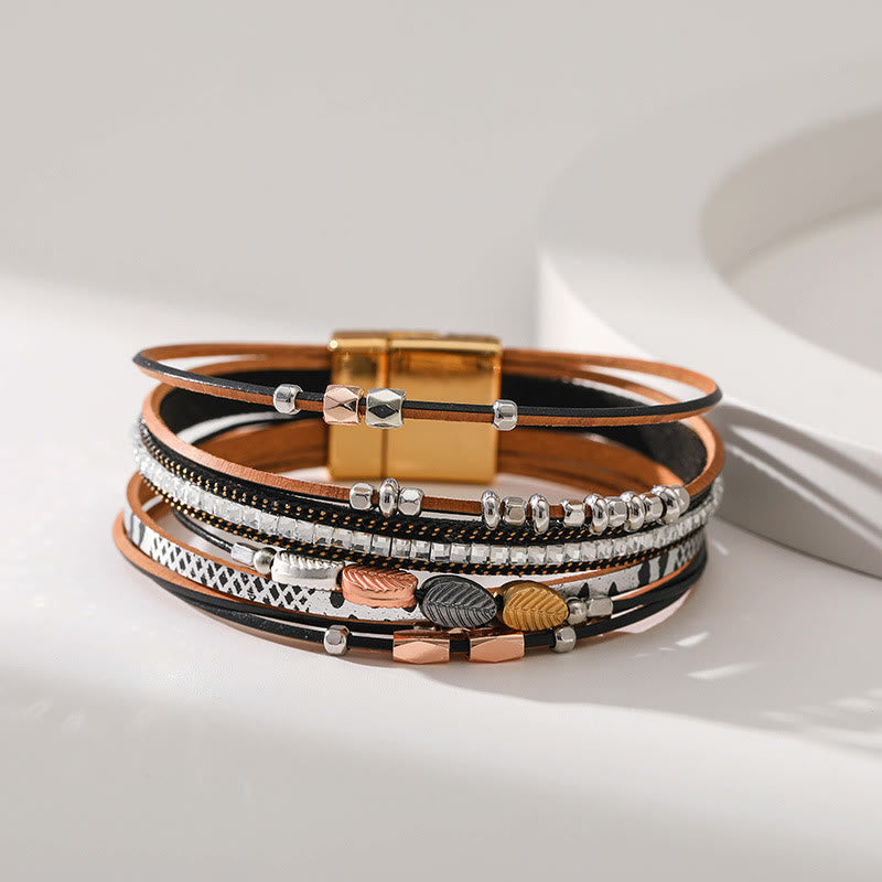 Bracciale in pelle a più livelli con foglia di zircone bianco ematite Olivenorma 