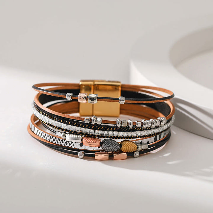 Bracciale in pelle a più livelli con foglia di zircone bianco ematite Olivenorma 