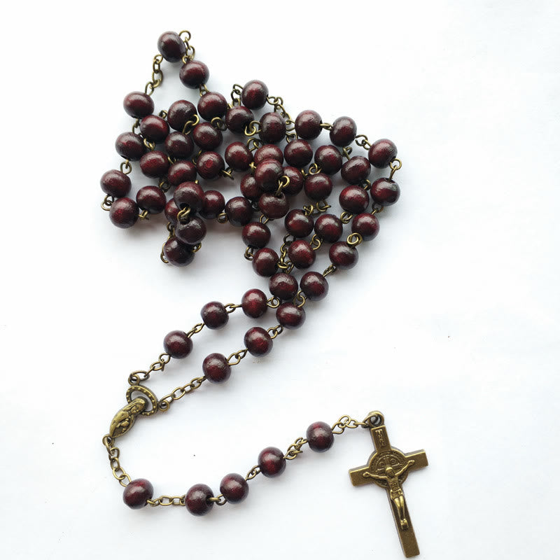 Collana con ciondolo a croce in rame e rosario in legno Olivenorma 
