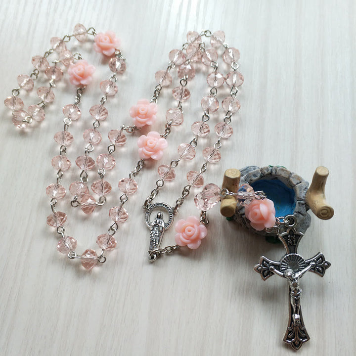 Collana rosario con ciondolo a croce di Gesù in quarzo rosa Olivenorma 