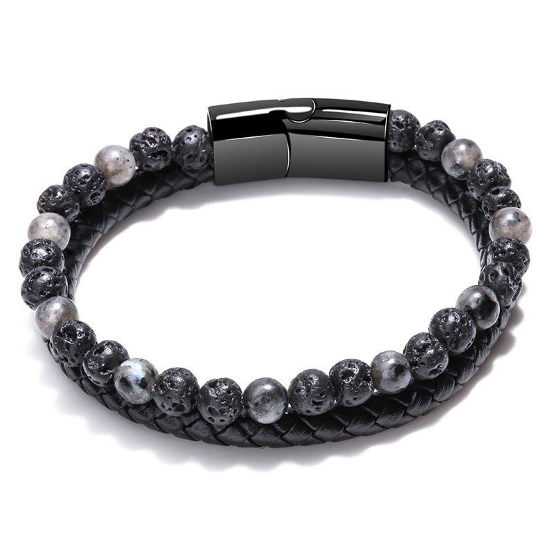 Olivenorma Bracciale da uomo in pelle con perline a due strati - Pietra lavica e diaspro grigio - 23 centimetri - image 6