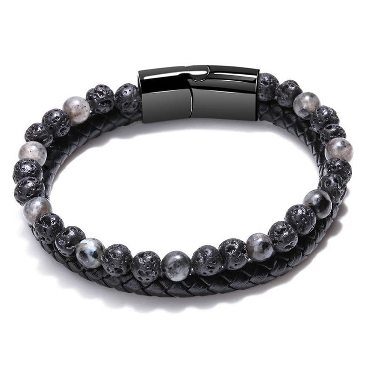 Olivenorma Bracciale da uomo in pelle con perline a due strati - Pietra lavica e diaspro grigio - 23 centimetri - image 6