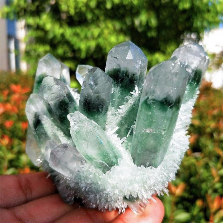 Olivenorma Bellissima decorazione in pietra preziosa di quarzo fantasma verde curativo