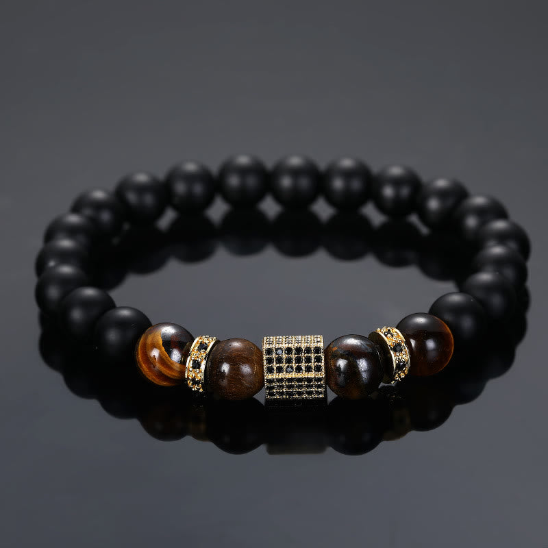 Olivenorma Bracciale da uomo in perline nere smerigliate con occhio di tigre
