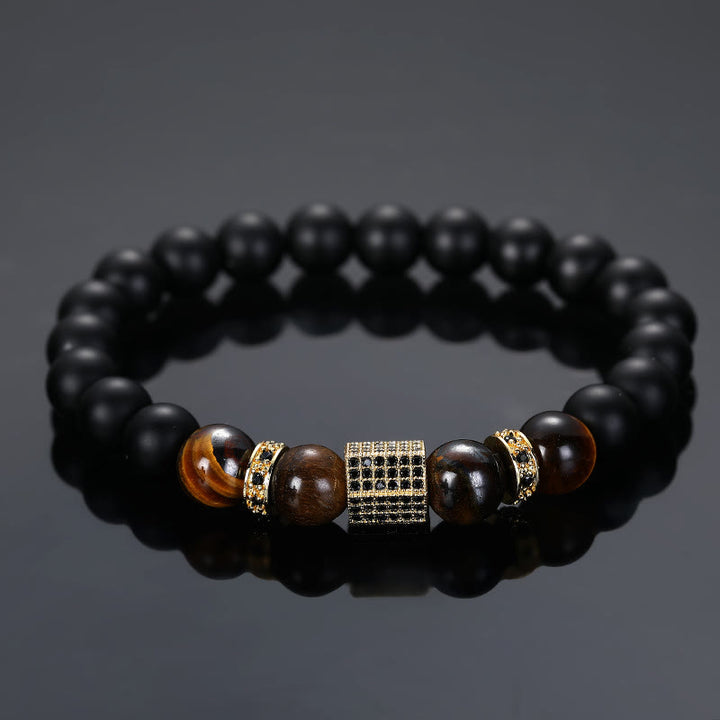 Olivenorma Bracciale da uomo in perline nere smerigliate con occhio di tigre