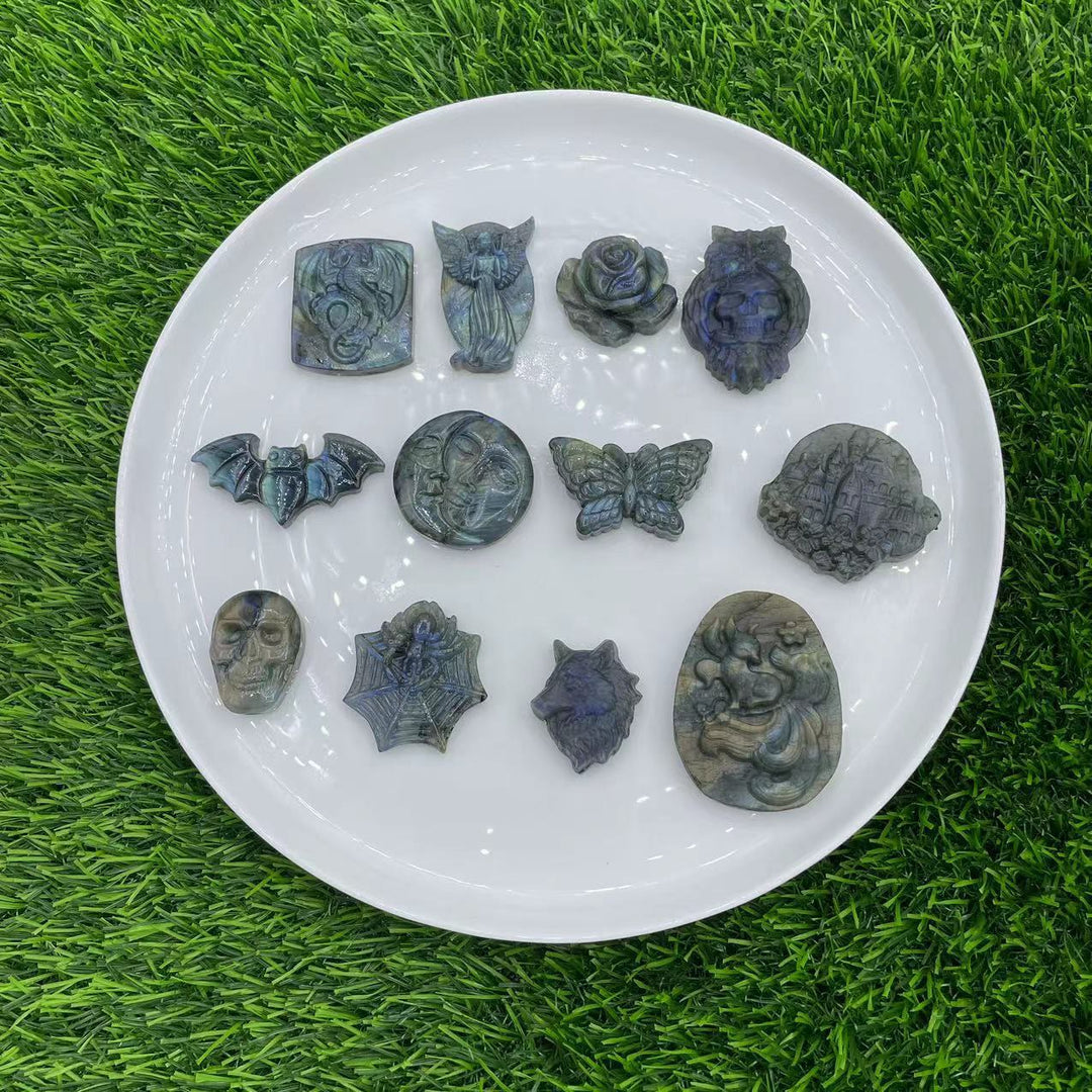 Decorazione per la casa in labradorite naturale Olivenorma con drago volante