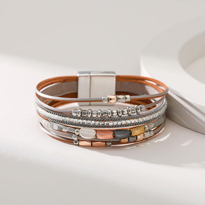 Bracciale in pelle a più livelli con foglia di zircone bianco ematite Olivenorma 