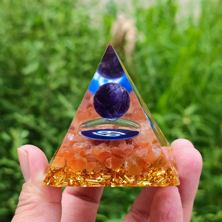 Olivenorma Ametista con Corniola Cancro Zodiac Orgone Piramide 
