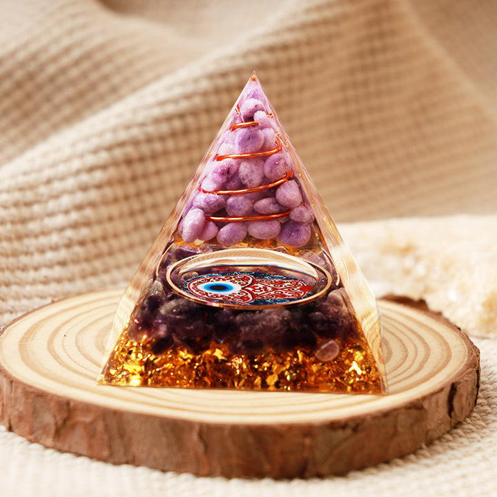 Piramide di protezione in orgone Hamsa con ametista Olivenorma e giada viola 
