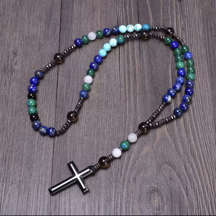 Collana con ciondolo rosario in pietra naturale cattolica Olivenorma Cross - Lapislazzuli e avventurina verde - image 14