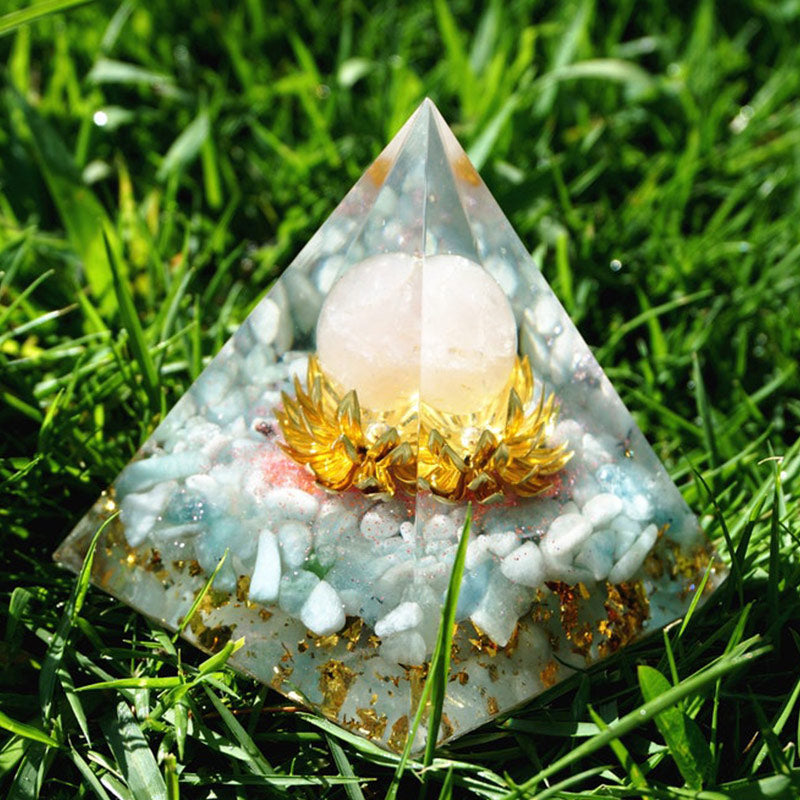 Olivenorma Acquamarina Quarzo Rosa Simbolo Loto Piramide Orgonica