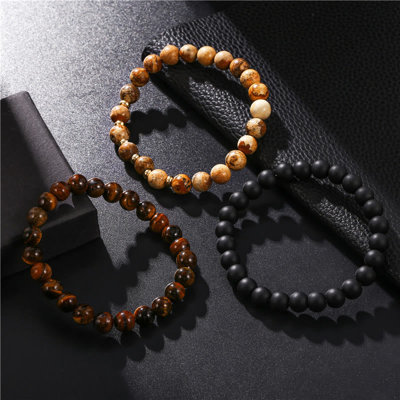 Olivenorma 3 pezzi Picture Jasper Tiger Eye Braccialetti di perline di onice nero