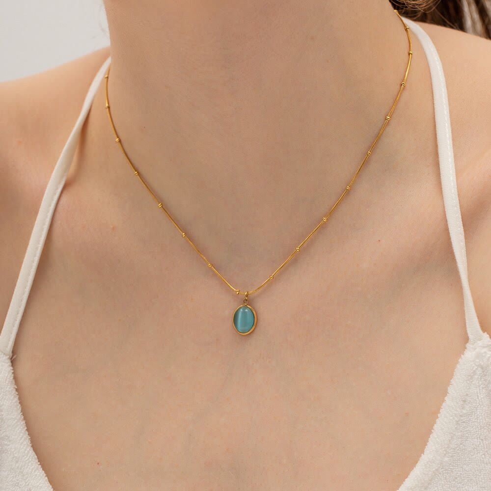 Collana con ciondolo a forma di cuore quadrato in pietra occhio di gatto blu Olivenorma