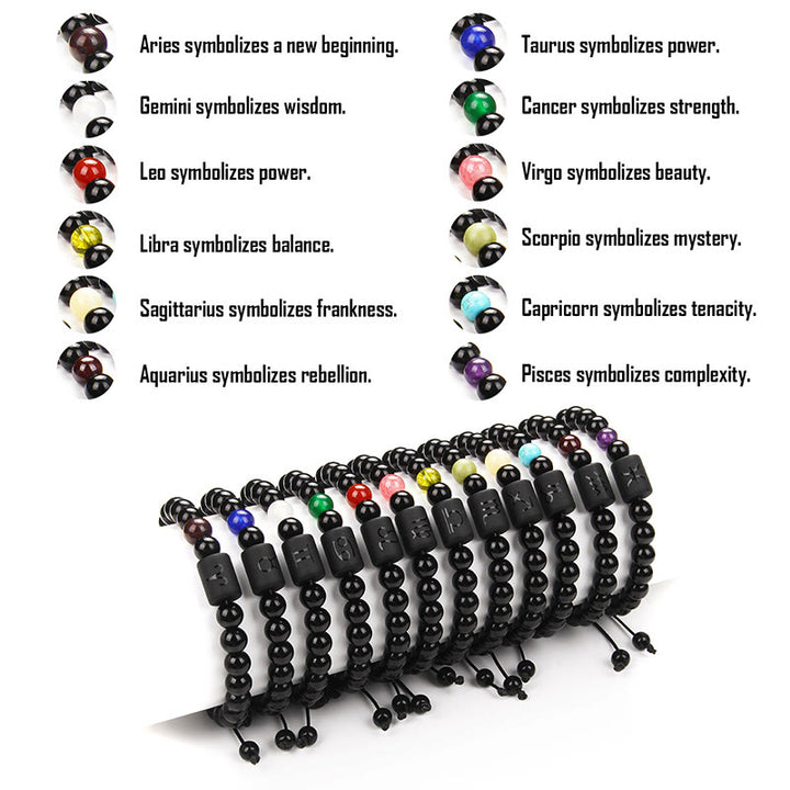 Olivenorma Bracciale intrecciato da uomo con zodiaco in onice nero naturale