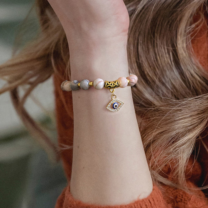 Bracciale con ciondolo in pietra naturale con perline e occhio malvagio Olivenorma 