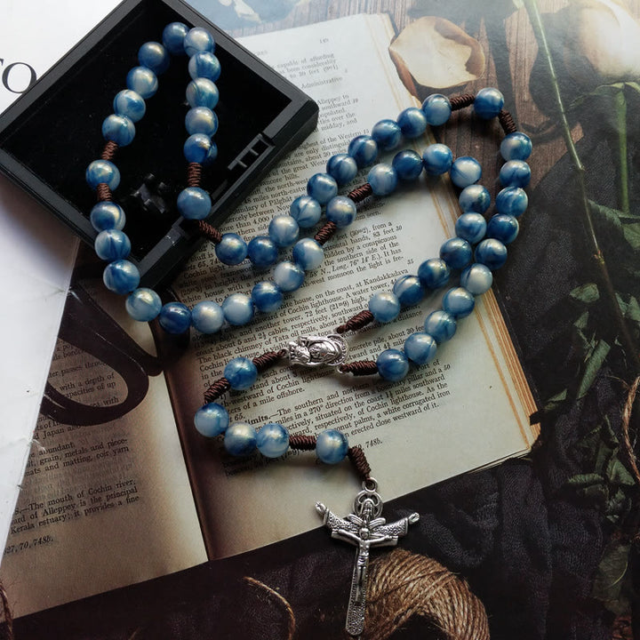 Collana rosario con croce di Gesù in pietra occhio di gatto blu Olivenorma