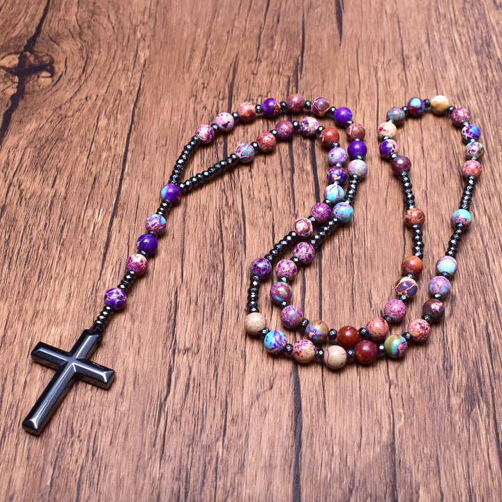 Collana rosario Pandant con croce in pietra naturale Olivenorma