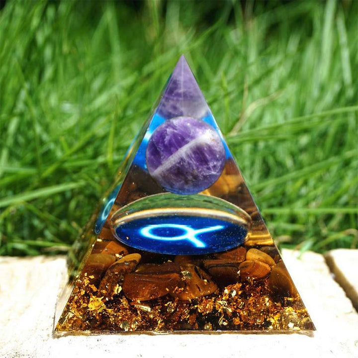 Olivenorma Ametista con Occhio di Tigre Toro Zodiac Orgone Piramide 