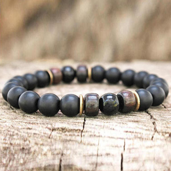 Olivenorma Bracciale da uomo in pietra naturale con perline di legno da 8 mm