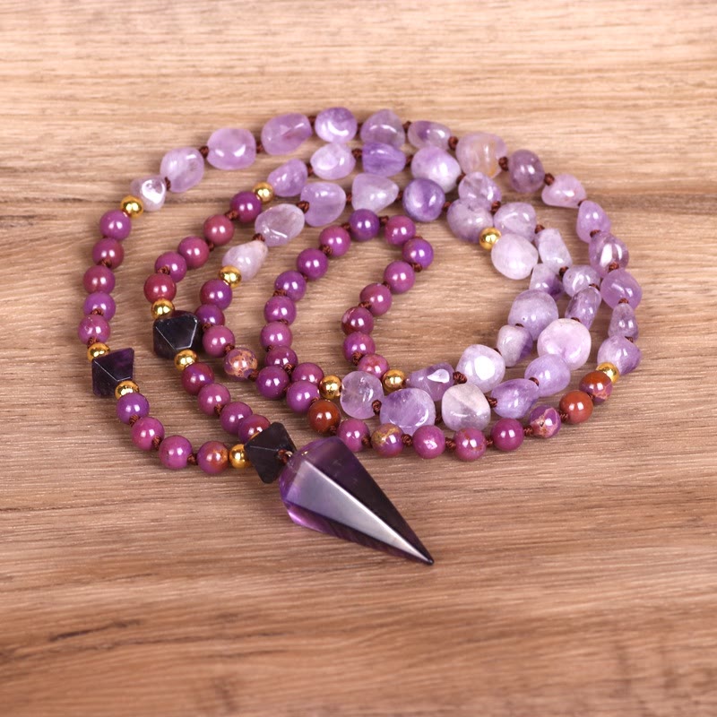 Collana Mala con perline di giada viola e ametista naturale Olivenorma