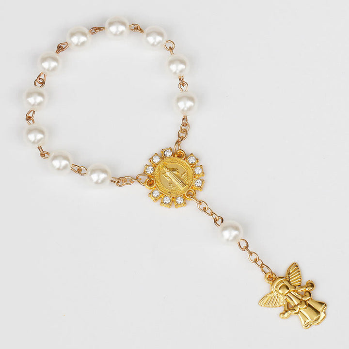 Olivenorma 8mm Angelo d'oro Cristianesimo Ciondolo Rosario Braccialetto di Perline 