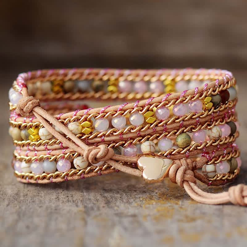 Bracciale avvolgente con perline a forma di cuore in quarzo rosa e opale Olivenorma