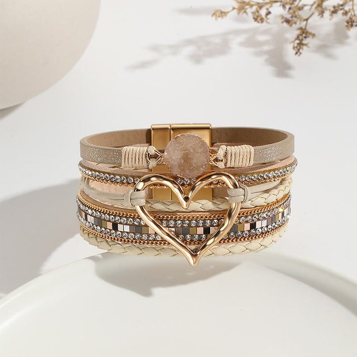 Olivenorma Bracciale in pelle intrecciata con cuore metallico e cristalli multicolori 