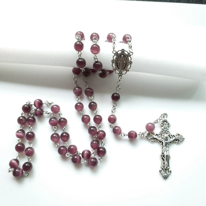 Collana rosario Olivenorma con croce in argento e pietra occhio di gatto viola
