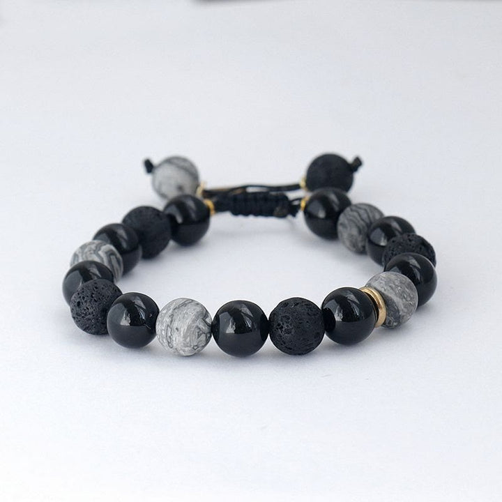 Bracciale da uomo con perline in pietra lavica, ossidiana e fiocco di neve di onice nero Olivenorma