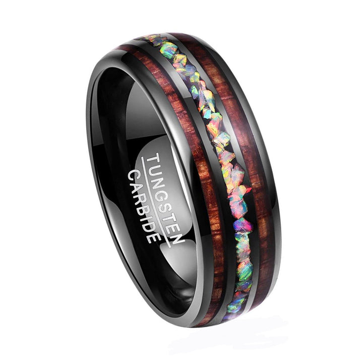 Anello Olivenorma Labradorite Koa Wood 8mm Carburo di Tungsteno Nero
