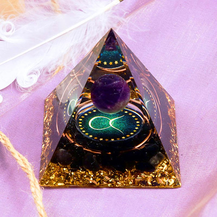 Sfera di ametista Olivenorma con piramide di orgone dello zodiaco del Toro in ossidiana 